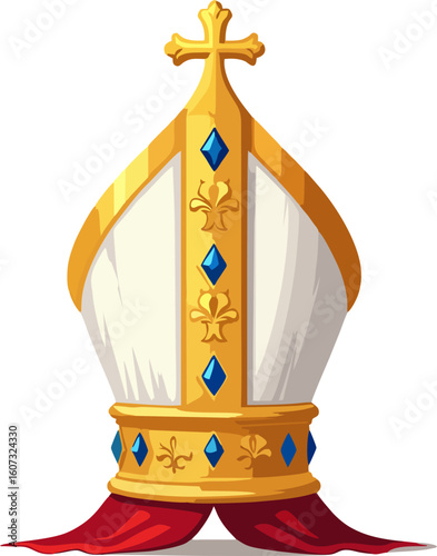 Golden Bishop Mitre with Cross and Blue Gems – Vector Religious Hat Illustration with Red Drapes