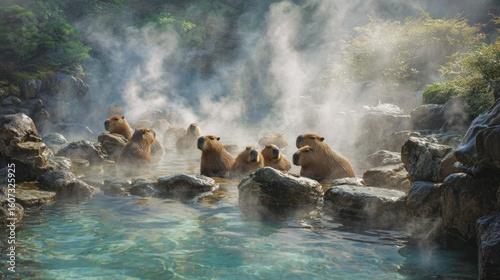 Capybaras soaking in a hot spring