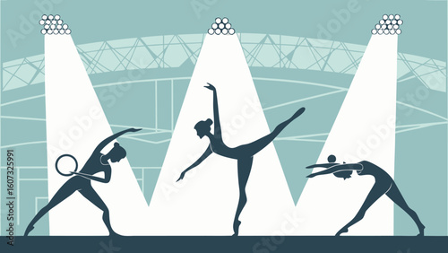 Three silhouette figures performing gymnastic poses under bright spotlights on a stage setting design