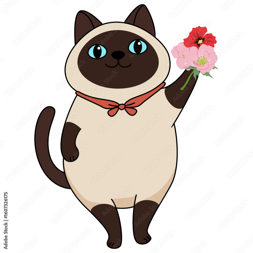 Fototapeta premium Siamese cat. Fat Siamese cat. Flat and Simple Design, Isolated Elements in White Background