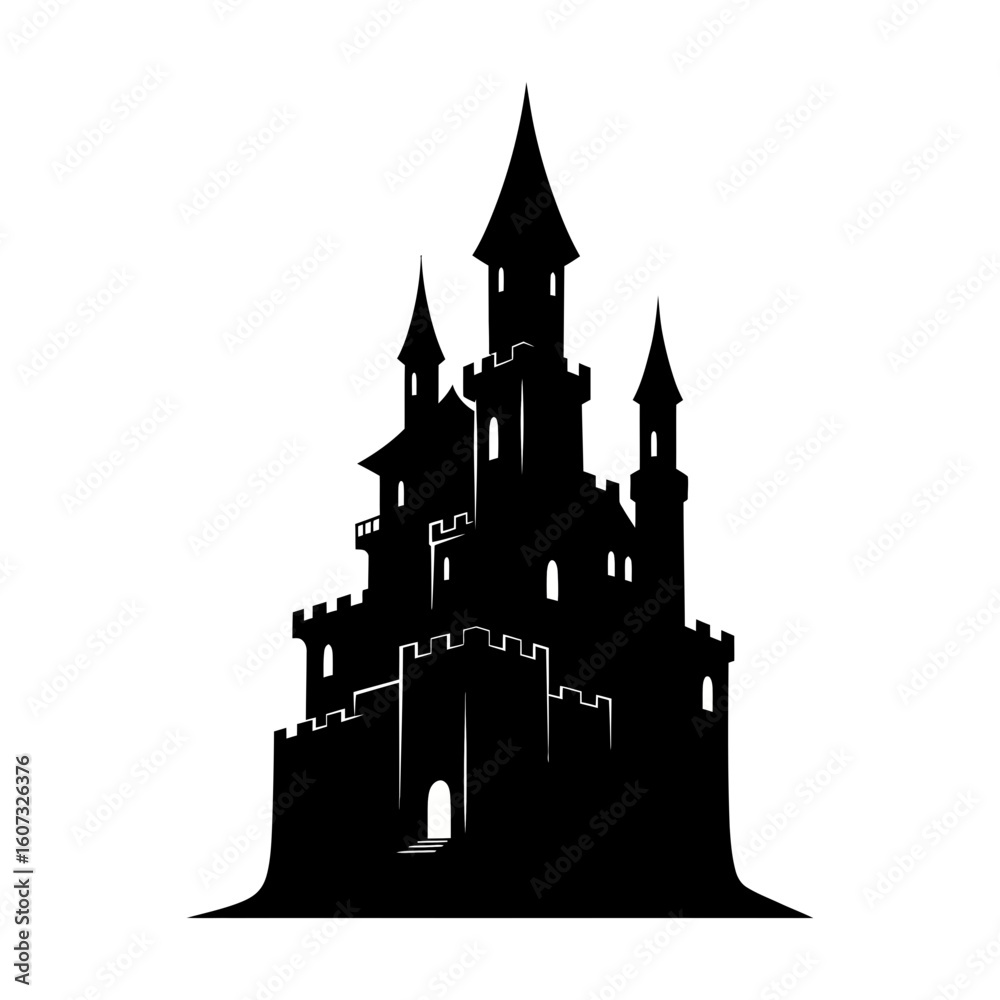 Obraz premium A dark castle silhouette stands tall, isolated on white background