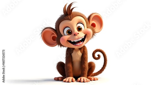 Happy Brown Monkey Cartoon Character Sitting on White Background
