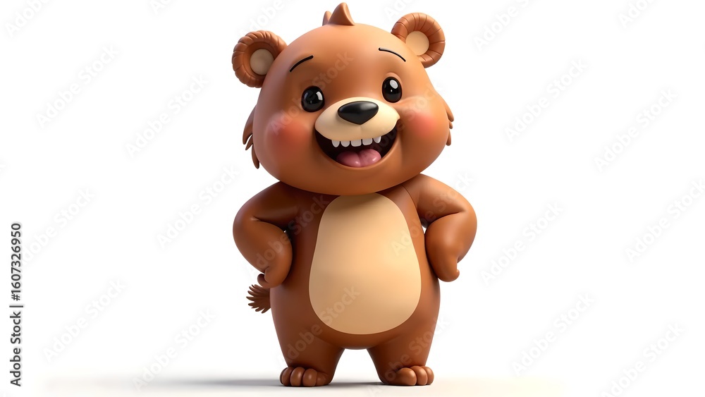 Fototapeta premium Smiling Brown Bear Character with Paws on Hips on White