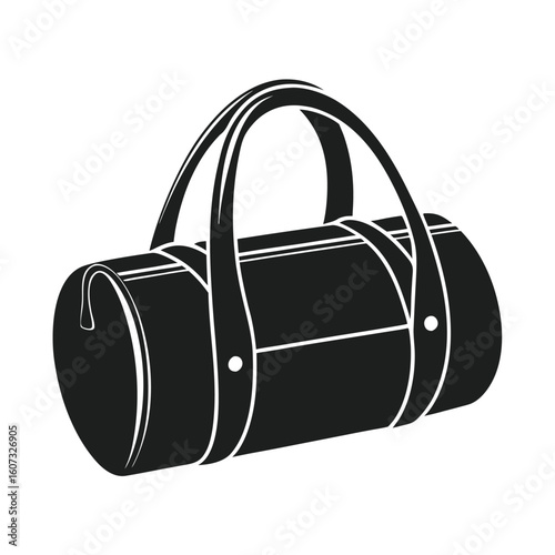 Black duffel bag with white stitching and handles on white background sports travel