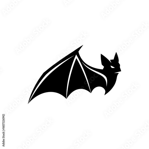 A black bat is flying, isolated on white background, its wings spread wide