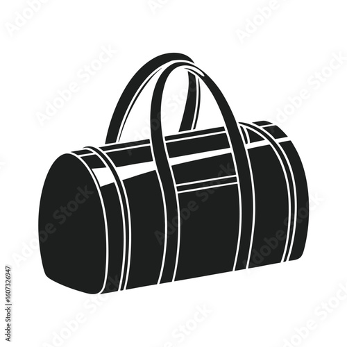 Black duffel bag with white stripes and handles on white background sport travel