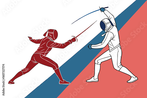 Two fencers in protective gear engage in a fencing match with swords ready on a divided color background