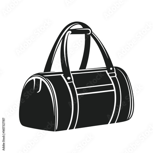 Black duffel bag with white trim and handles on white background sports travel