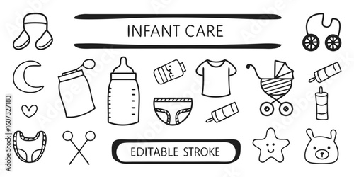 Collection of minimalist line icons depicting essential infant care activities like feeding, changing, and soothing..eps