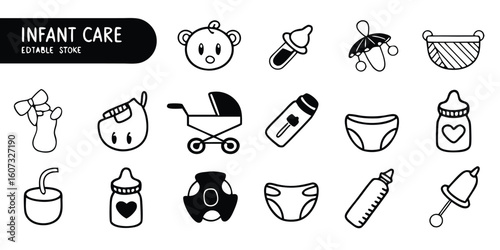 Set of line icons representing various aspects of infant care, including feeding, diapering, and bathing..eps
