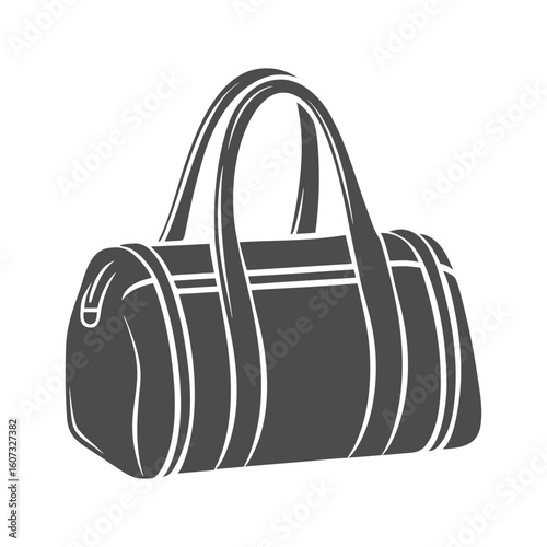 Dark grey duffel bag with white trim and handles on white background travel luggage