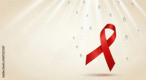 Red Ribbon Awareness Symbol with Light Rays and Falling Droplets