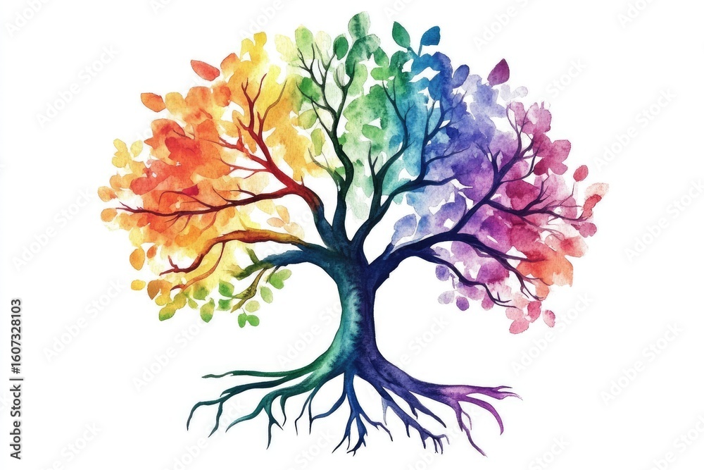 Obraz premium Vibrant rainbow tree with extensive roots (1)