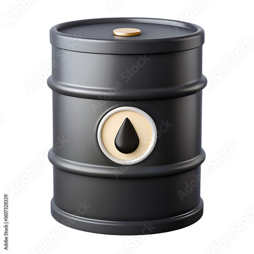 3d icon of a black oil barrel with a drop symbol stands alone, isolated on transparent background