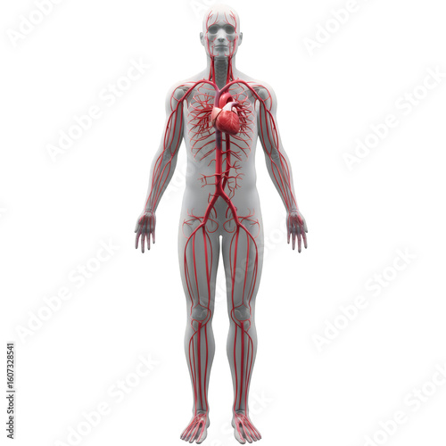 Anatomical illustration of the human circulatory system with heart isolated on transparent background
