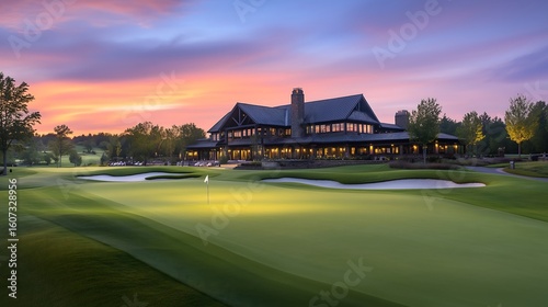 Stunning sunset over an elegant golf clubhouse, surrounded by lush green fairways and calm water hazards.
