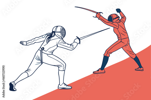 Two fencers in protective gear engaged in a fencing match on a red and white surface with swords