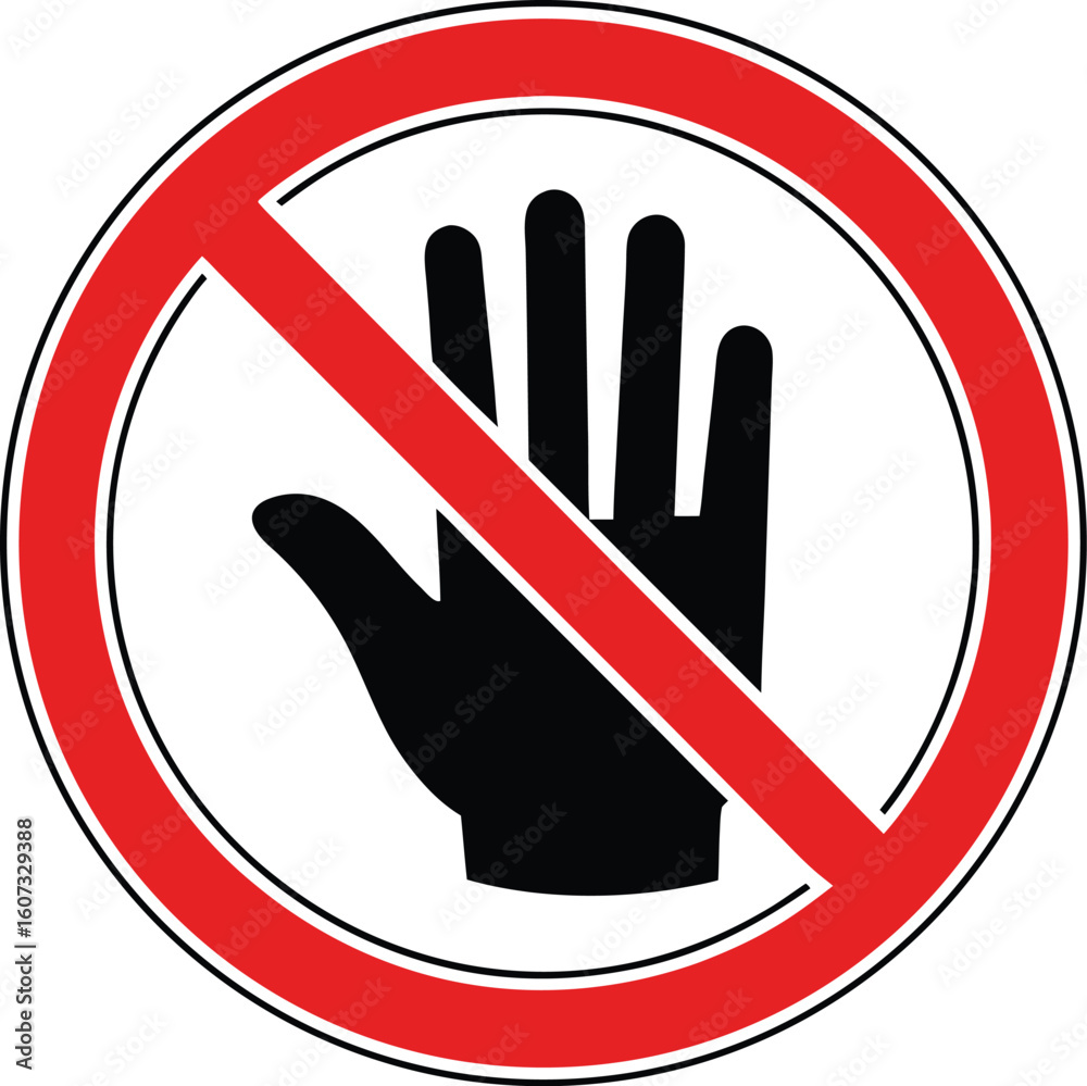 Black hand symbol with red diagonal line and circle on white background prohibition sign Black hand symbol with red diagonal line and circle on white background prohibition sign