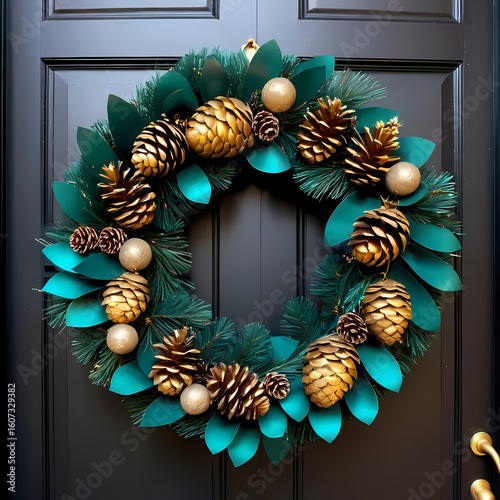 Teal Gold Pine Cone Christmas Wreath on Dark Door  