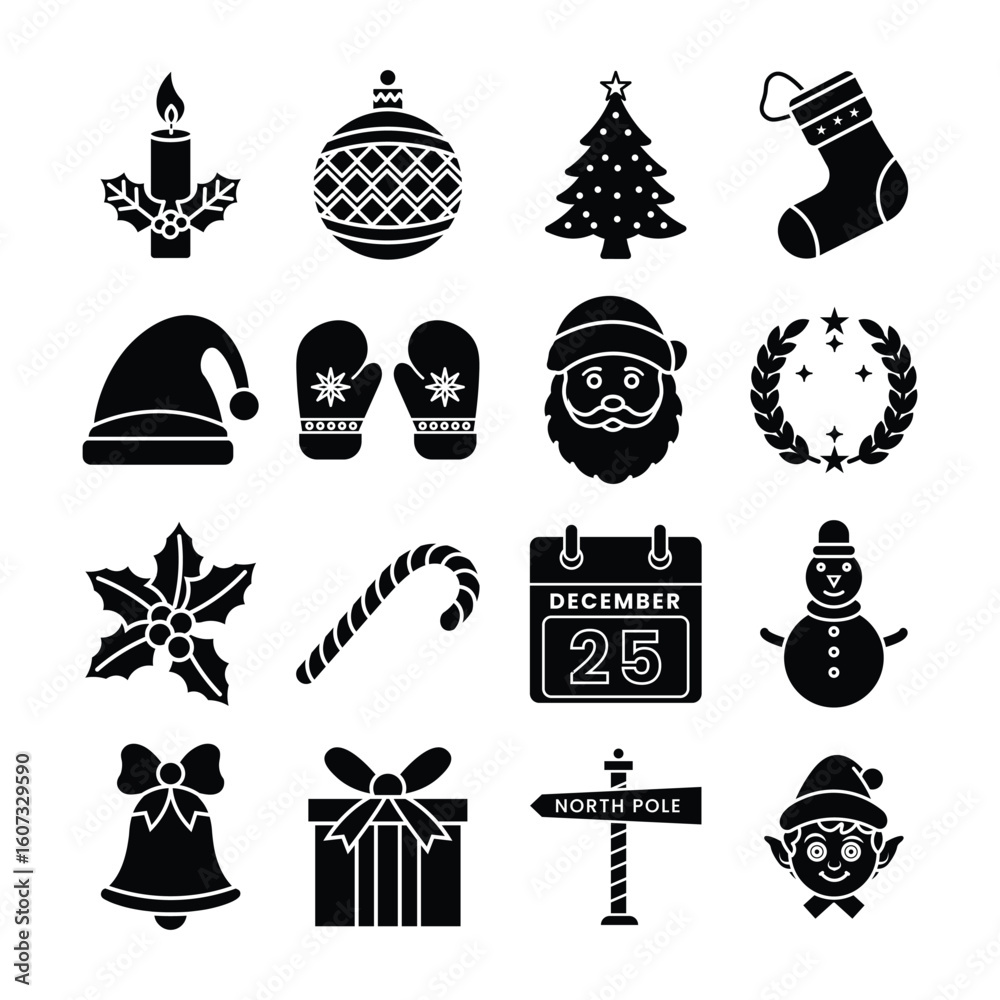 Fototapeta premium Christmas Vector Solid Icon Set. Silhouette Icons for Festive Season, Holiday, Winter, and Christmas Celebration