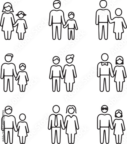 Diverse Family and Couple Icon Set A collection of minimalist line art depicting various family structures and couples showcasing inclusivity and representation in a simple