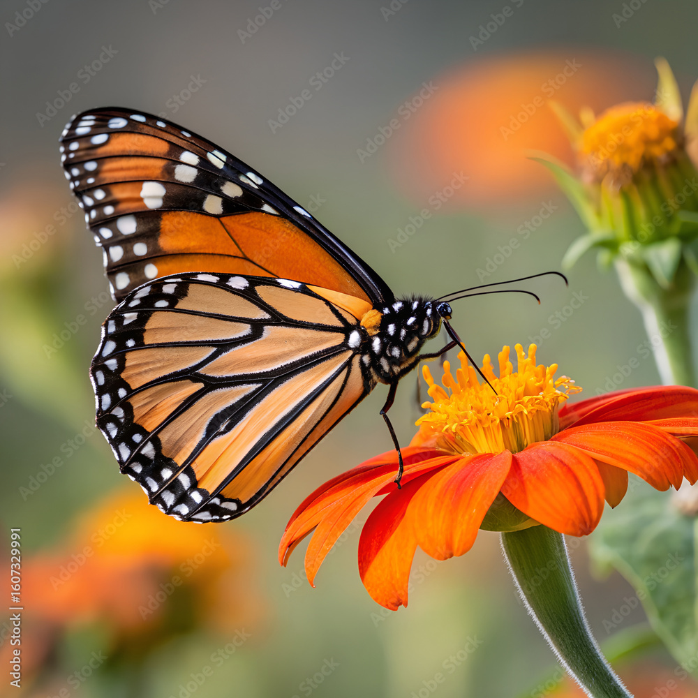 Fototapeta premium A beautiful monarch butterfly with orange and black wings feeds on nectar from a colorful garden flower in the summer sun