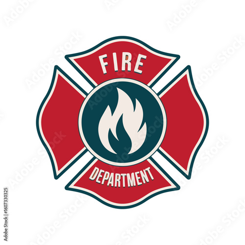 Fire Department Maltese Cross Emblem with Axes Helmet Hydrant and Ladder in Red and black Color vector illustration on white background 