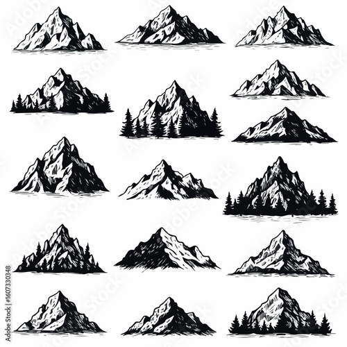 A collection of hand-drawn mountain illustrations with pine trees, ideal for outdoor design, hiking posters, and wilderness-themed vector artwork