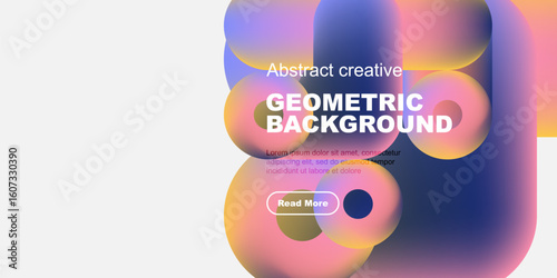 Abstract geometric background features colorful overlapping shapes. Text includes geometric background plus sample text, button visible.