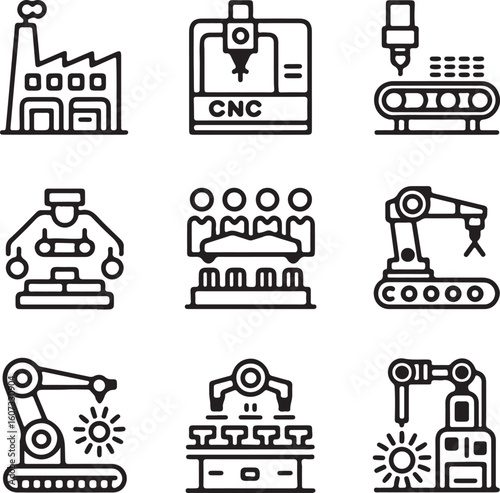 Set of manufacturing and automation icons representing factory CNC machine conveyor belt robotic arm assembly line and automated production processes in a simple line style