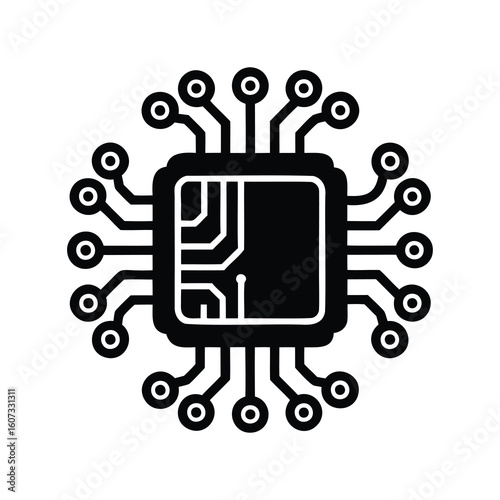 Silhouette of a microchip with visible pins, representing technology and computation