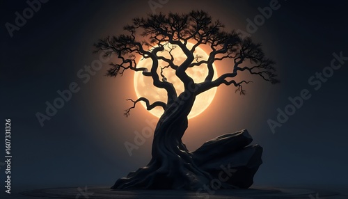 Ancient gnarled tree silhouette against a glowing full moon