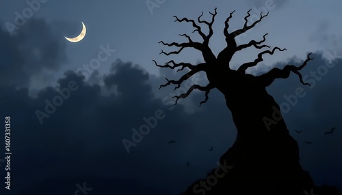 Spooky Night Landscape With Dead Tree And Crescent Moon