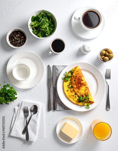 Breakfast spread on white table