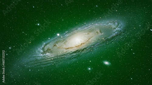Spiral Galaxy in Green Space with Stars and Nebulae