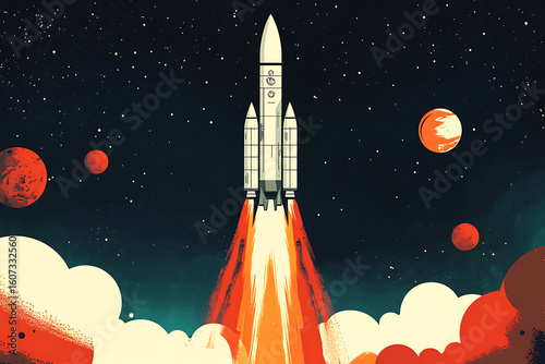 Powerful rocket launching into deep space with blazing fiery exhaust, cinematic space exploration scene featuring planets and cosmic background, futuristic technology and interstellar travel concept, 