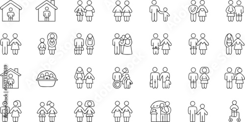 Diverse family and relationship line icons representing love and togetherness