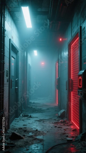 Futuristic underground bunker hallway with red grid security doors and debris, moody lighting