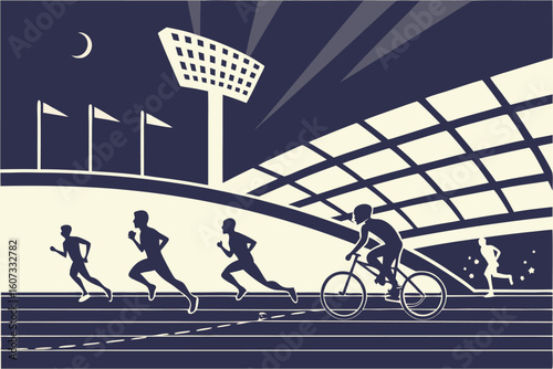 Runners and cyclist compete on a track under stadium lights at night with flags and moon visible