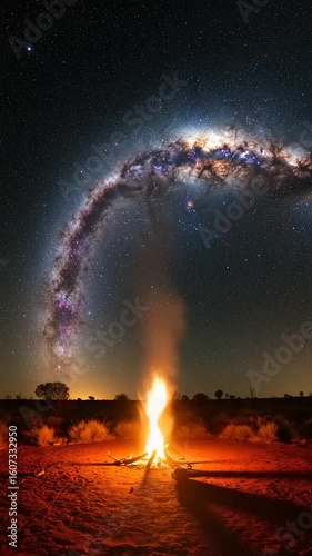 Starry night sky with vibrant galaxy over campfire