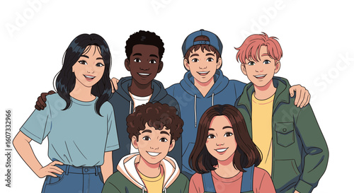 Vibrant group of diverse young friends smiling together, ideal for youth programs and community initiatives