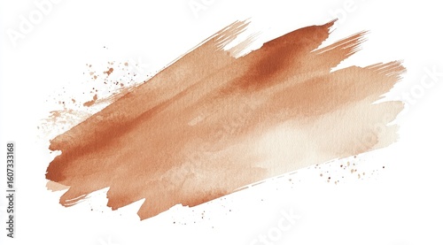 Abstract, textured watercolor stain, terracotta-brown hue,  with light-to-dark transition, and speckled accents, on white background