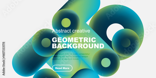 Abstract geometric shapes, vibrant colors, modern design. Text overlay includes geometric background, plus sample text, button. Minimalist aesthetic.