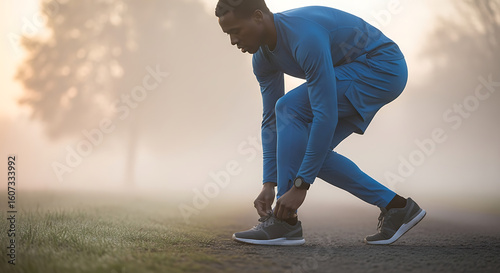 Fototapeta Naklejka Na Ścianę i Meble -  Man in blue athletic wear tying shoelaces on a foggy field preparing for a run or workout outside on transparent background