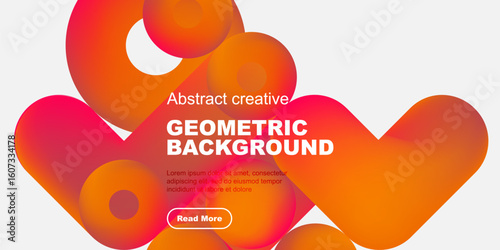 Abstract geometric background features vibrant orange, pink shapes. Text overlay includes title, sample text, call to action button. Modern design.