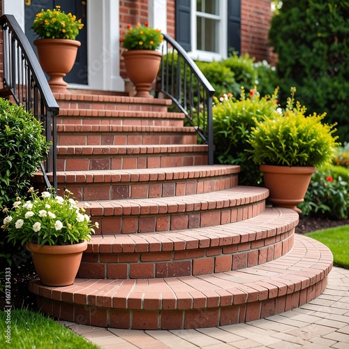 Brick staircase leading to a home's front door.  Gardens and potted flowers surround