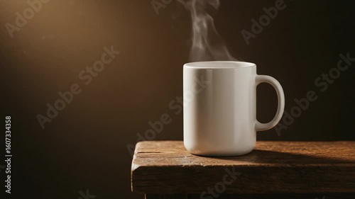 Steam rising from a white mug on a wooden table
