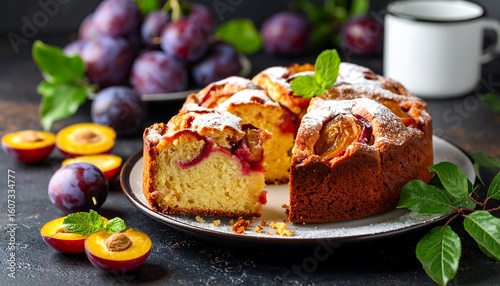Freshly baked plum cake with sliced pieces
