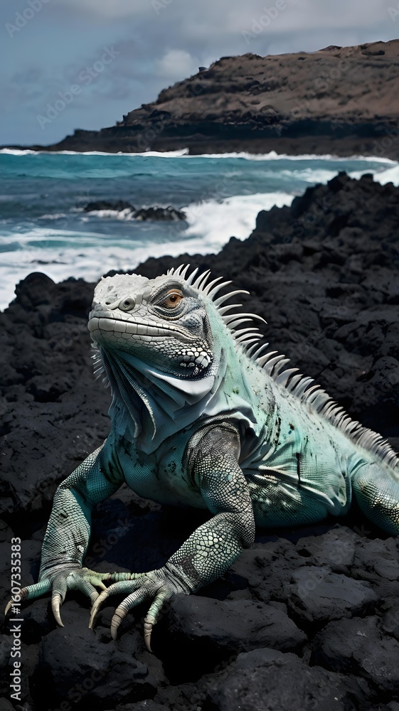 Fototapeta premium Majestic iguana resting confidently on rugged rocks with ocean views, perfect for travel and wildlife themes