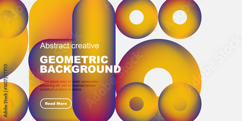 Vibrant geometric shapes create colorful background. Text overlay includes title, sample text, button. Modern design elements present.